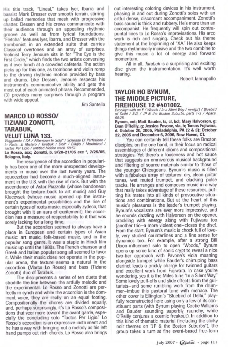 Cadence NYC Vol 33 July 2007 The review of Jazz & Bues Creative improvised Music Tarabuk by Marco Lo Russo with Tiziano Zanotti