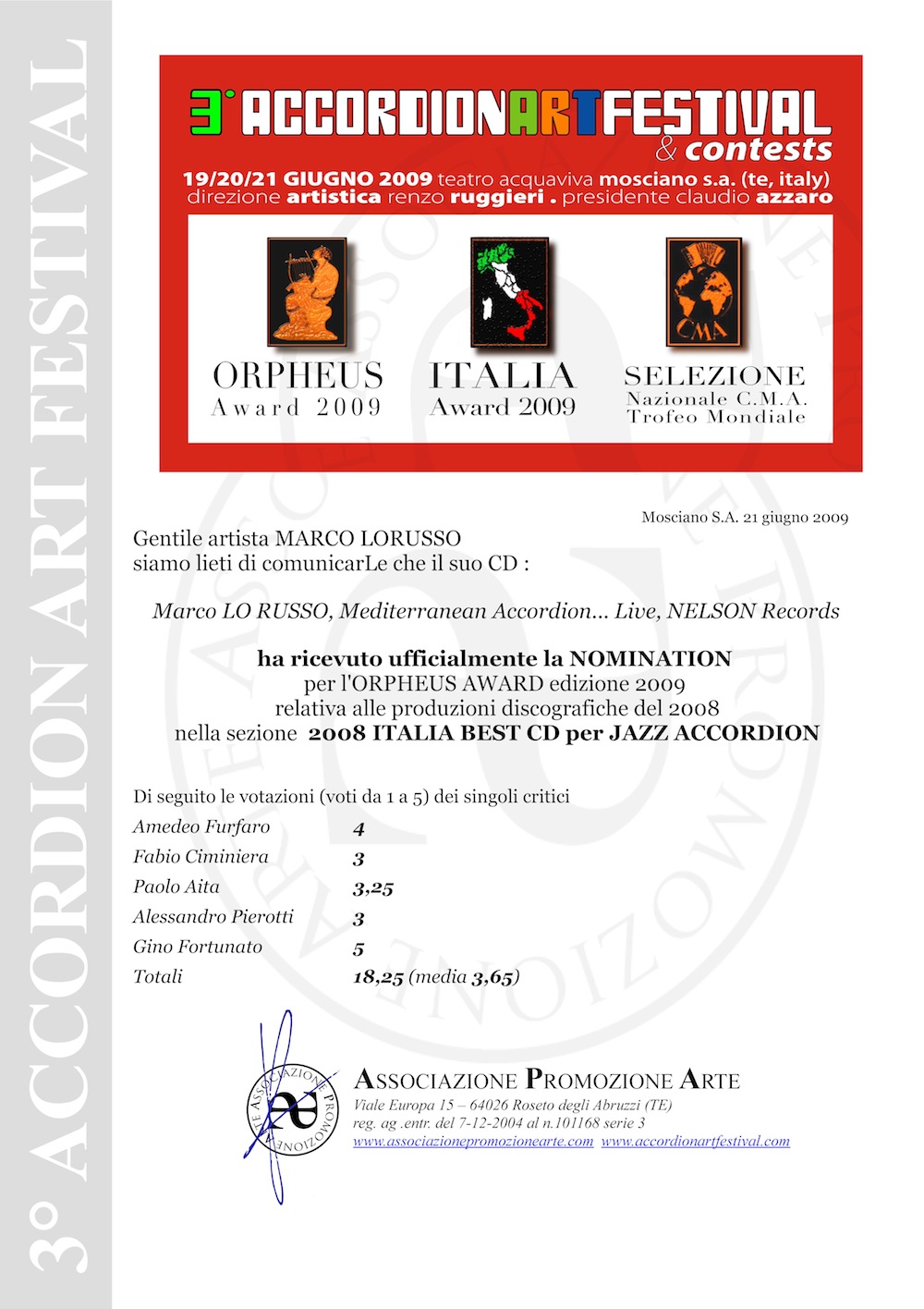 Nomination Orpheus Music Award 2009